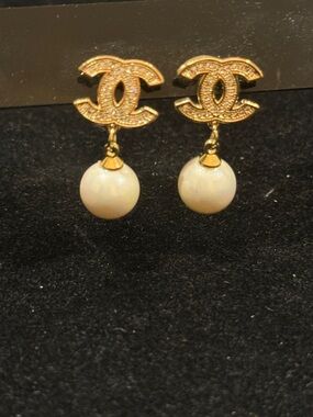 Gold Pearl Drop Logo Earrings